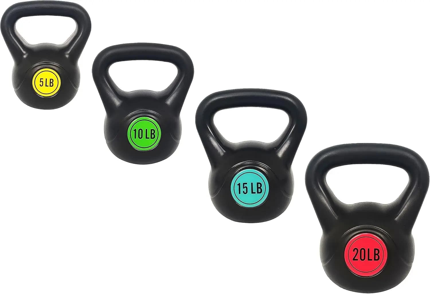 Set of 3 or 4 kettlebells with 5 to 20 pounds weights for fitness exercises at home
