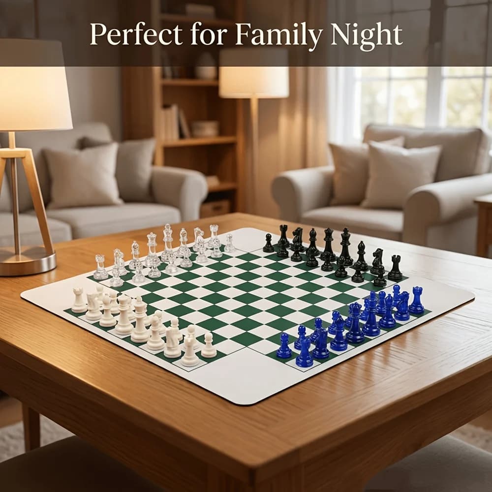 4-Player Classic Chess Board Game with 4 Color 64 PCS Pieces, a Portable Non-Slip Mousepad Board Measuring 35Cm/13.8In