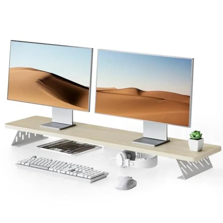 Supporto per Monitor Doppio, Ripiano da Scrivania per 2 Monitor, Supporti per Computer da Scrivania in Legno e Acciaio, Rialzo per Laptop e PC