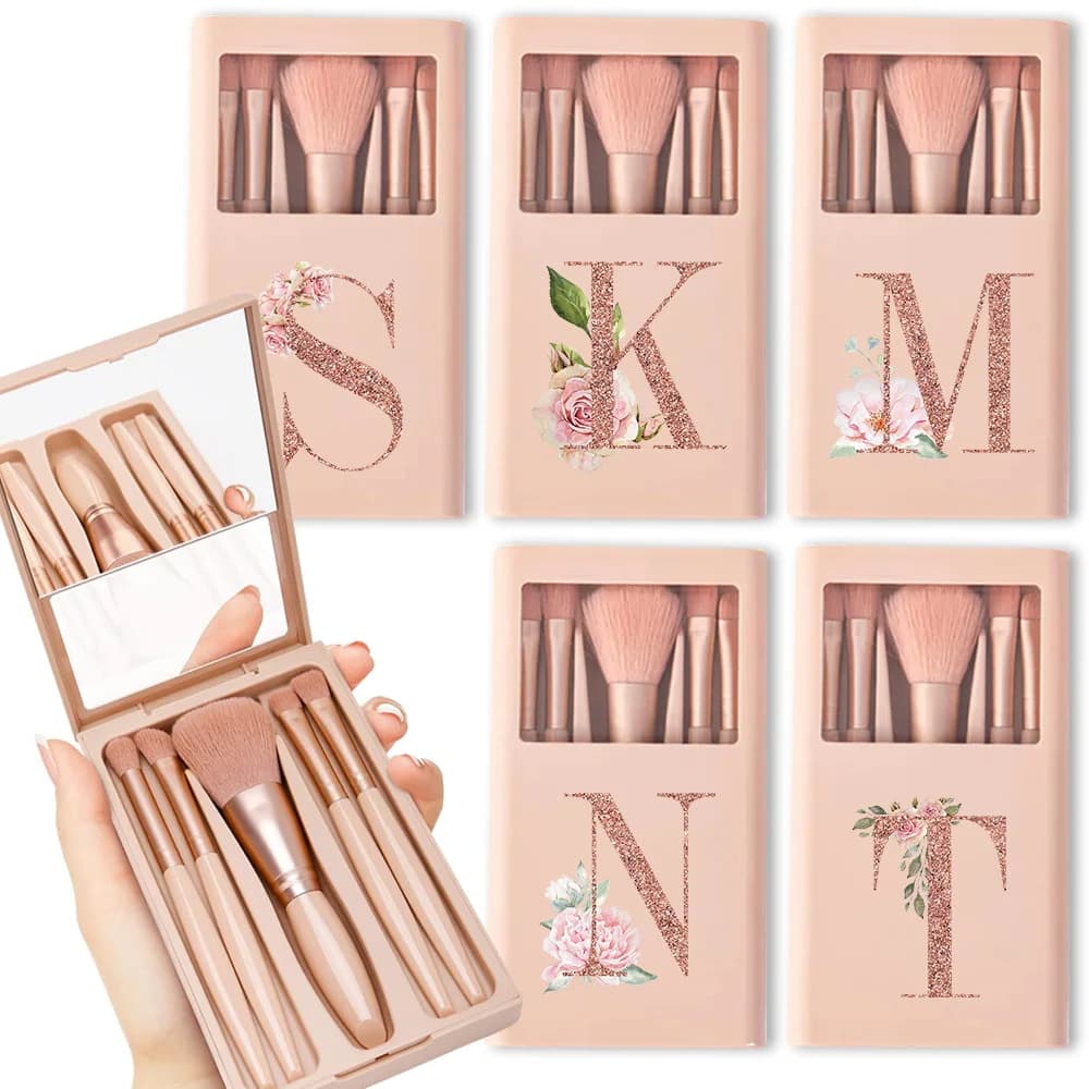 5 Piece Cosmetic Brushes Kit With Mirror And Case Foldable Box Makeup Brushes Set Portable Beauty Tool Pink Gold Letter Model