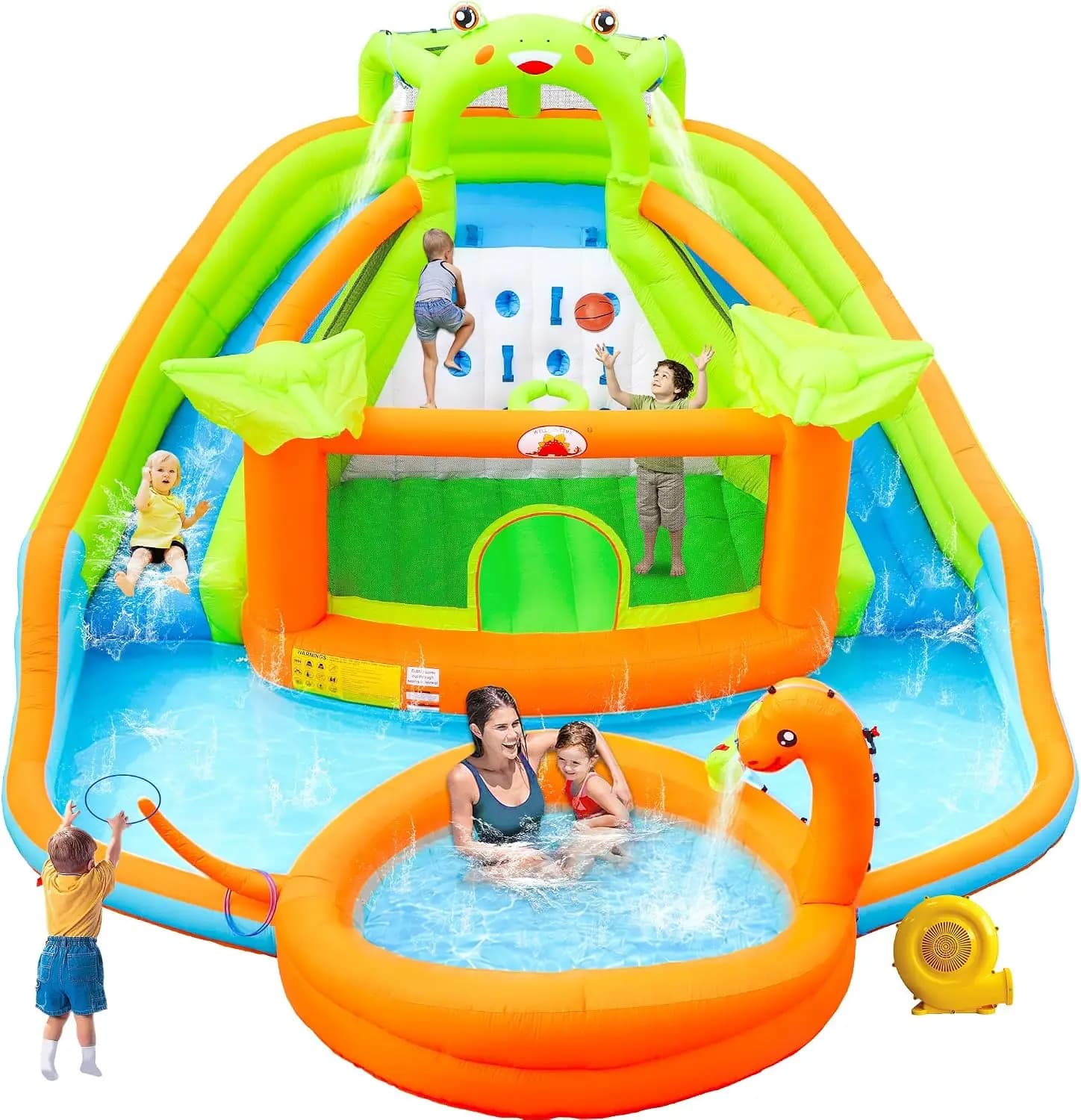 Inflatable Water Double Slides Park Bouncy Castle with Water Cannon Dino Pool Frog Castle Climbing Wall Basketball for Kids