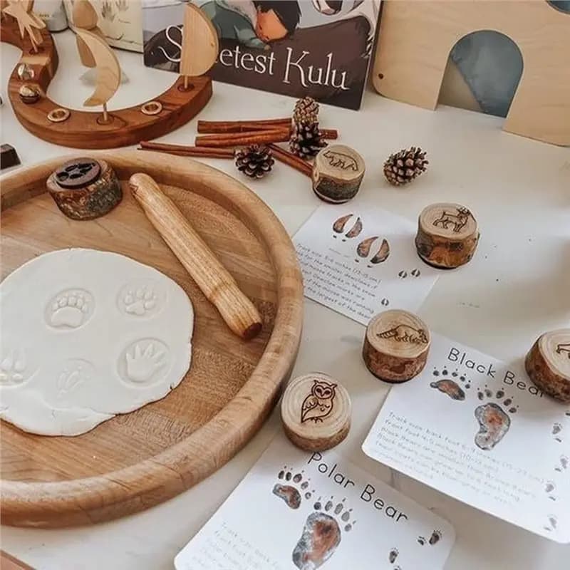 ABGH-Animal Track Wooden Stamps 9-Pack For Playdough Clay, Print Stampers,Footprint Stamping