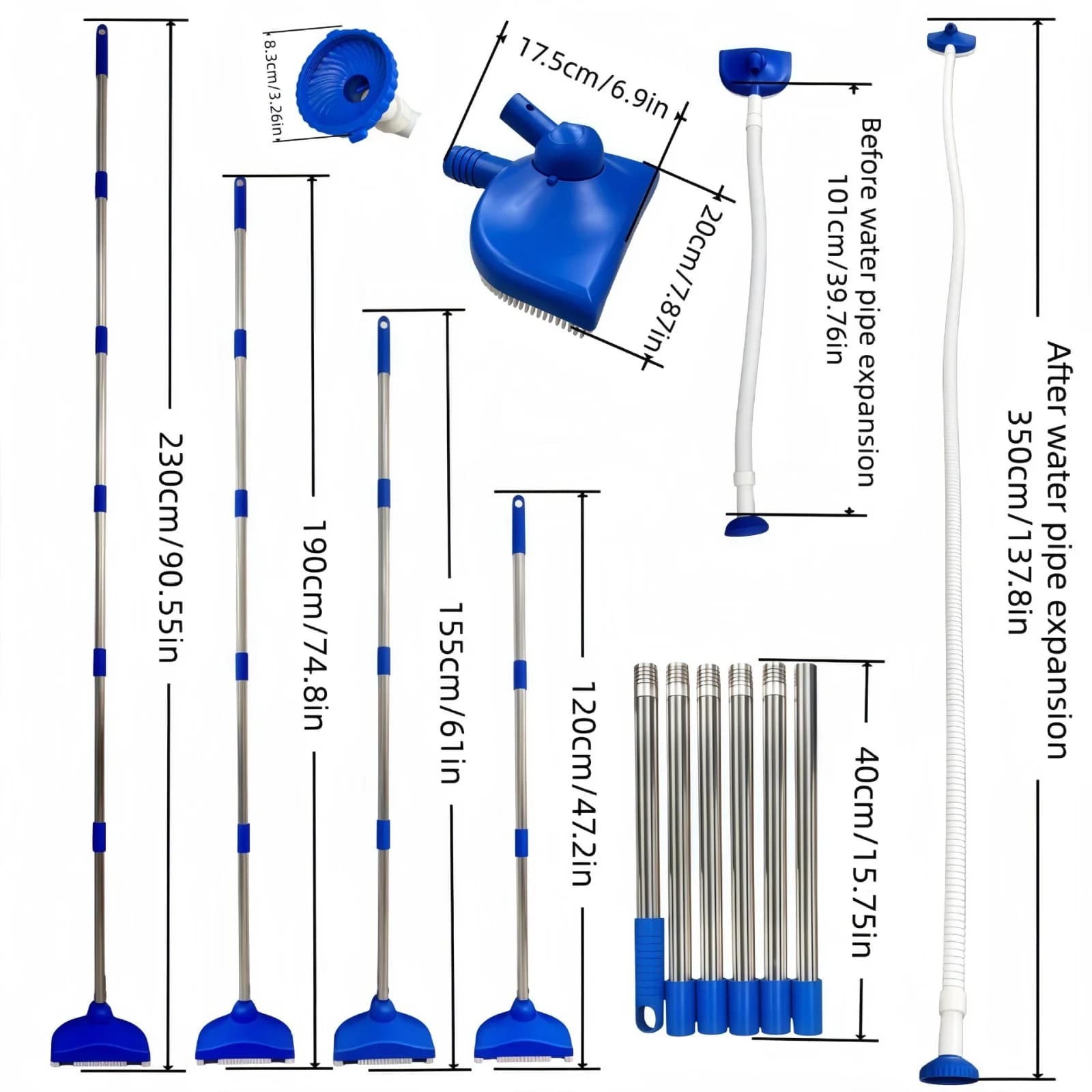 Water Powered Automatic Pool Vacuum Cleaner Cordless Handheld Pool Brush Jet Pool Cleaner Kit with Multi-Section Pole