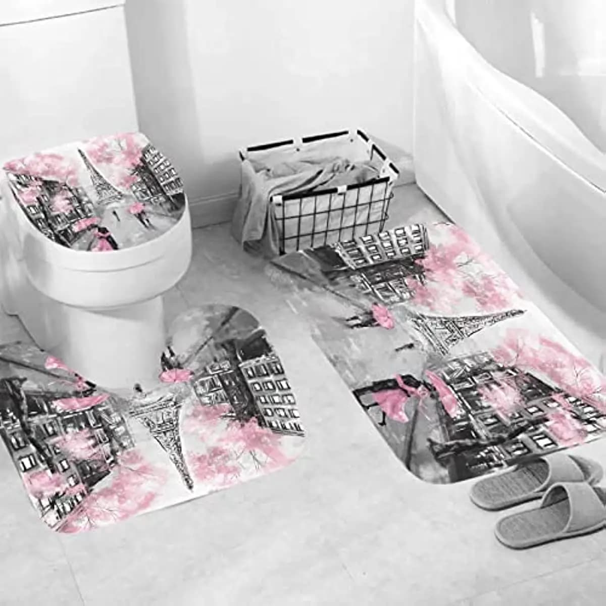Parigi torre Eiffel Set di tappeti e tappetini da bagno rosa con tappeti antiscivolo tappetino da bagno a forma di U coperchio del water decorazione per vasca da bagno di san valentino