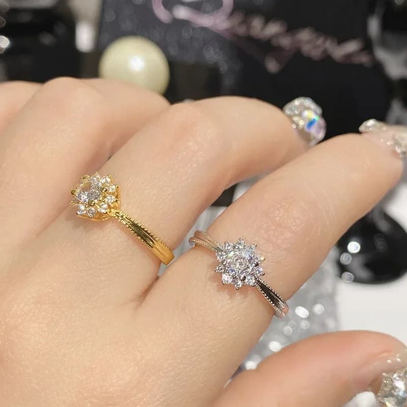 MDLFES Mo!ssan Anello girasole stile diamante Anello nuziale quotidiano da donna placcato in oro con diamante finto Moissan da 0,5 ct