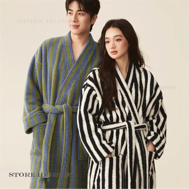 Thicken Flannel Couple Long Robe Sleepwear Fashion Stripes Bathrobe Kimono Gown Autumn Winter Nightwear Coral Fleece Loungewear