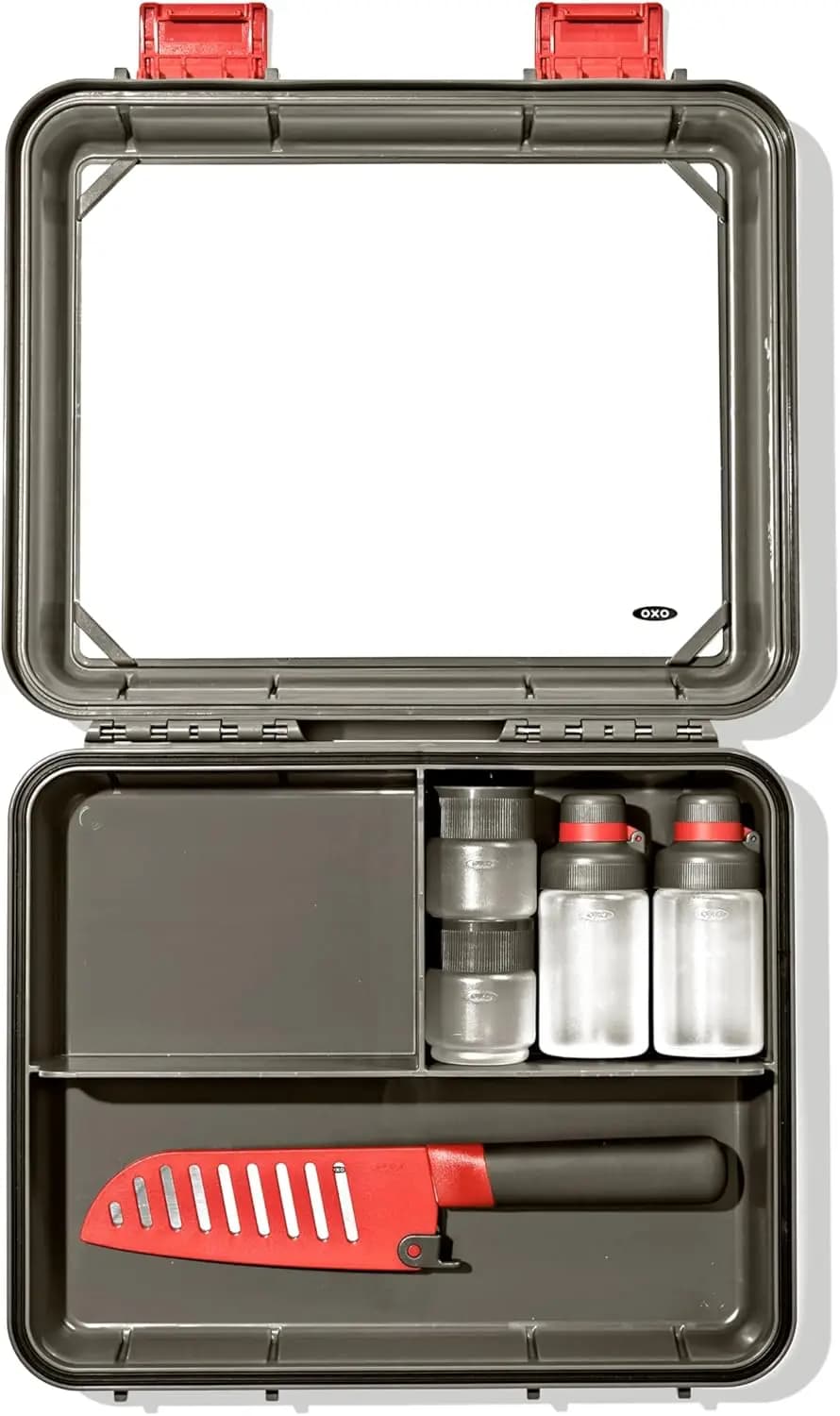 Set da Cucina da Campeggio 7 Pezzi, Kit per Cucinare all'Aperto con Tagliere, Coltello, Bottiglie Ermetiche e Contenitori per Spezie