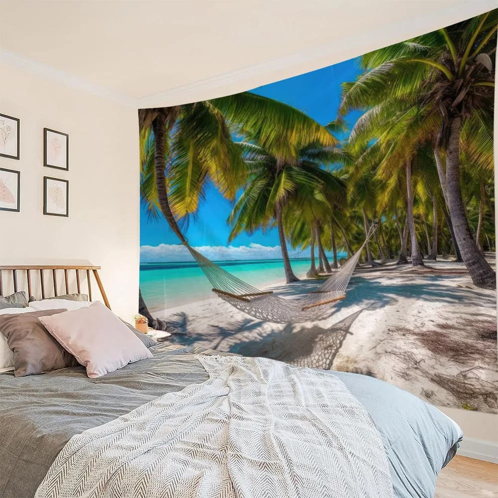 Sky blue coconut tree tapestry hanging wall cloth beach landscape living room bedroom decoration background poster bedsheet
