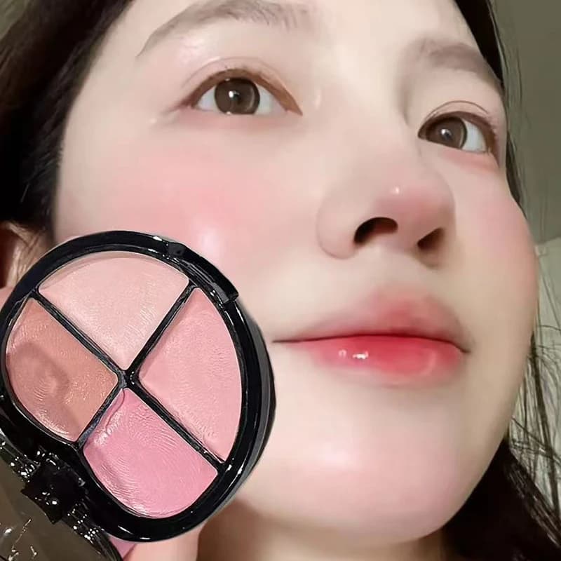 4Color High Gloss Cream Blush Palette Wet Shimmer Hydrating Natural Pink Brown Cheek Rouge Brighten Contour Highlighter Makeup
