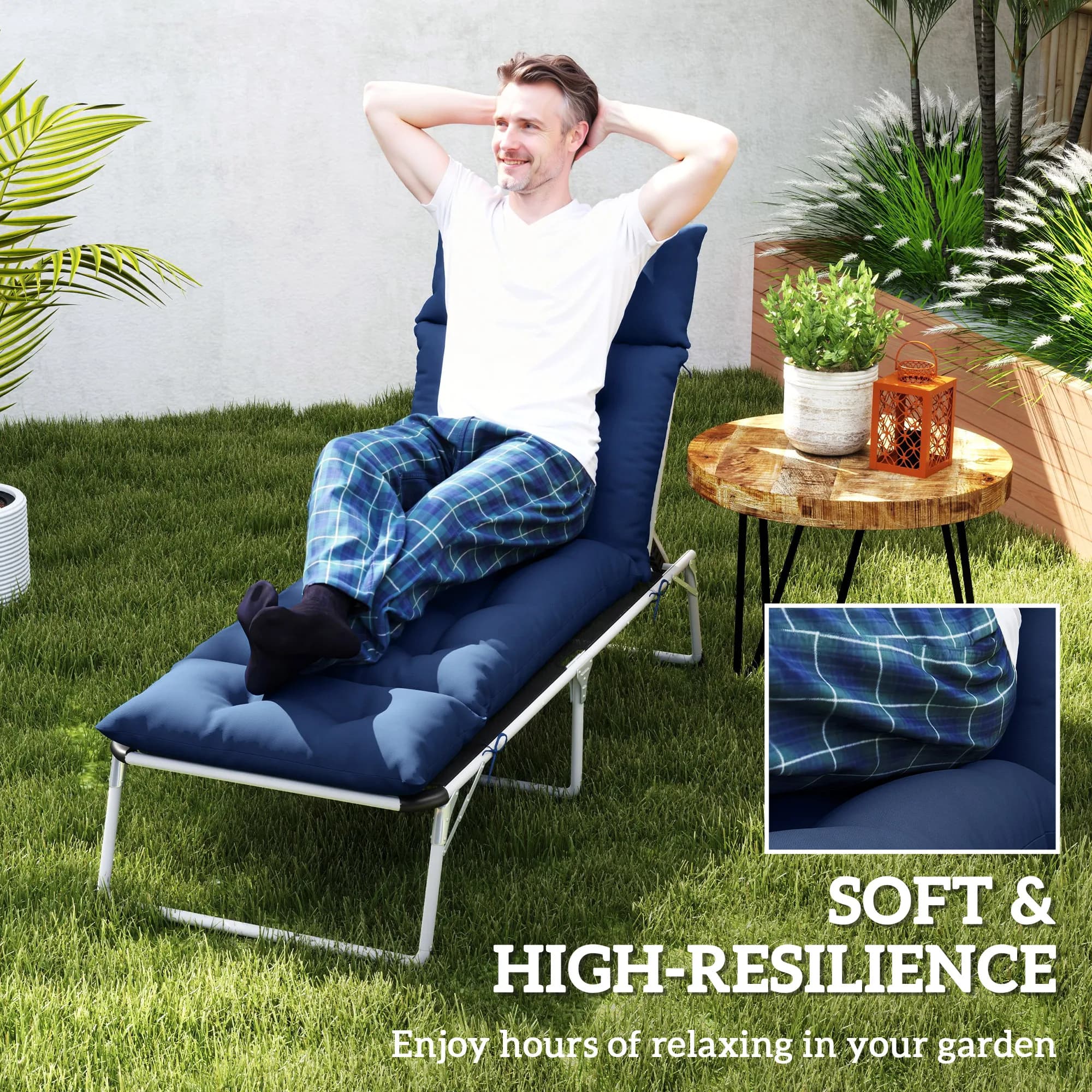 Cuscino per Chaise Longue da Esterno Trapuntato Spesso per Sdraio da Giardino con Lacci Blu Navy 74.8 x 22 x 4 Pollici per Lettino Prendisole