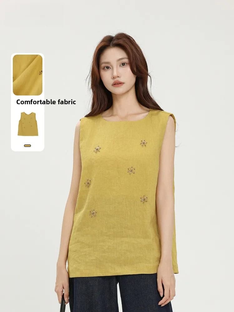 Elegant Simple Style Sleeveless Top Memory's Starting Point 2025 Autumn New Design Casual Daily Cotton T-Shirt for Women