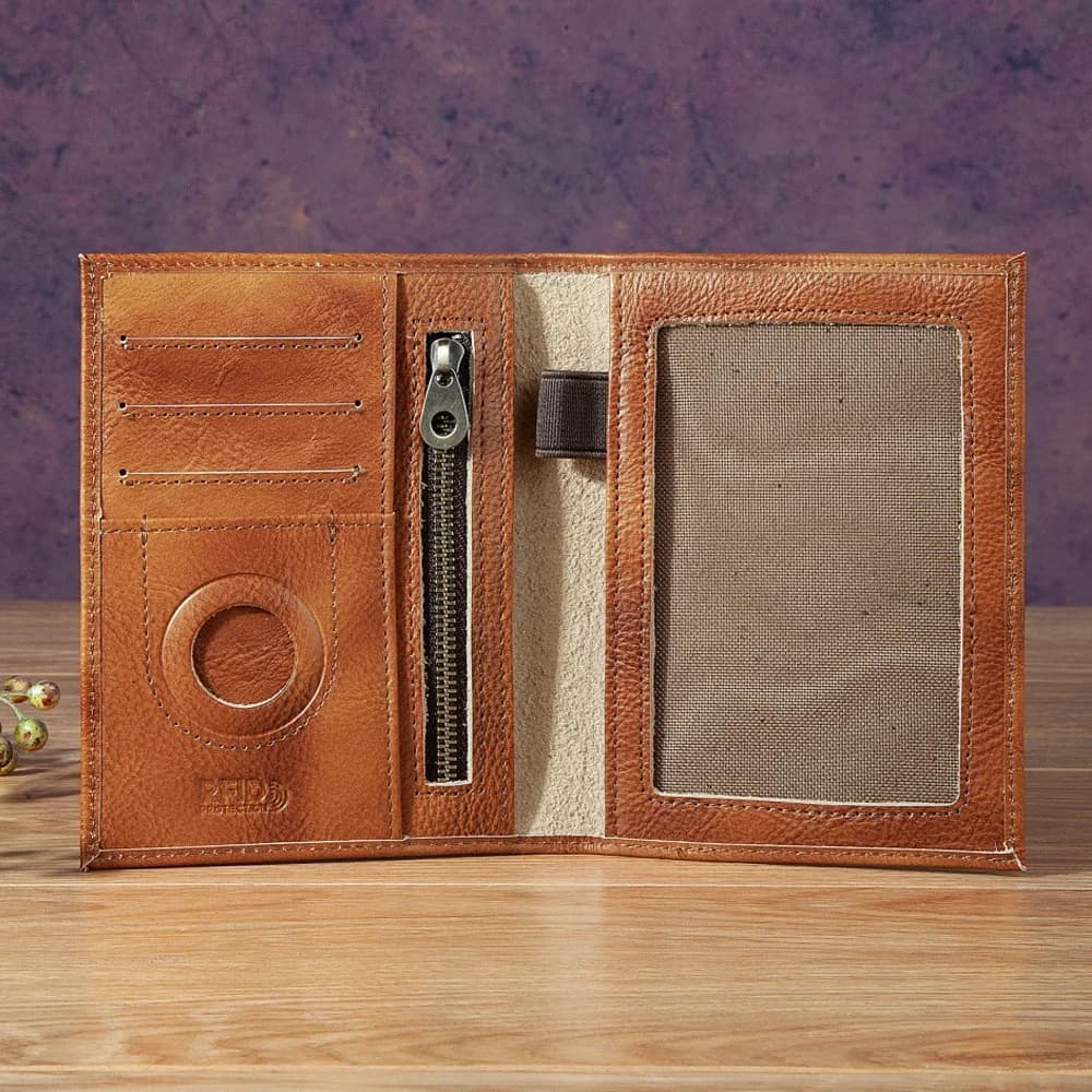 Crazy Horse Leather Passport Holder AirTag Travel Wallet RFID Blocking Vintage Top Grain Cowhide Document Case with Zipper