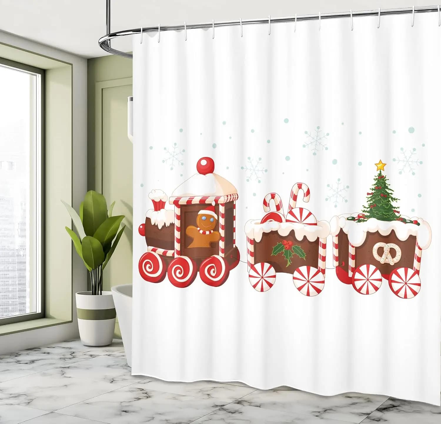 Christmas Shower Curtain, Train with Gingerbread Cream Candy Cartoon Toys Snowflakes Presents, Cloth Fabric Bathroom Decor