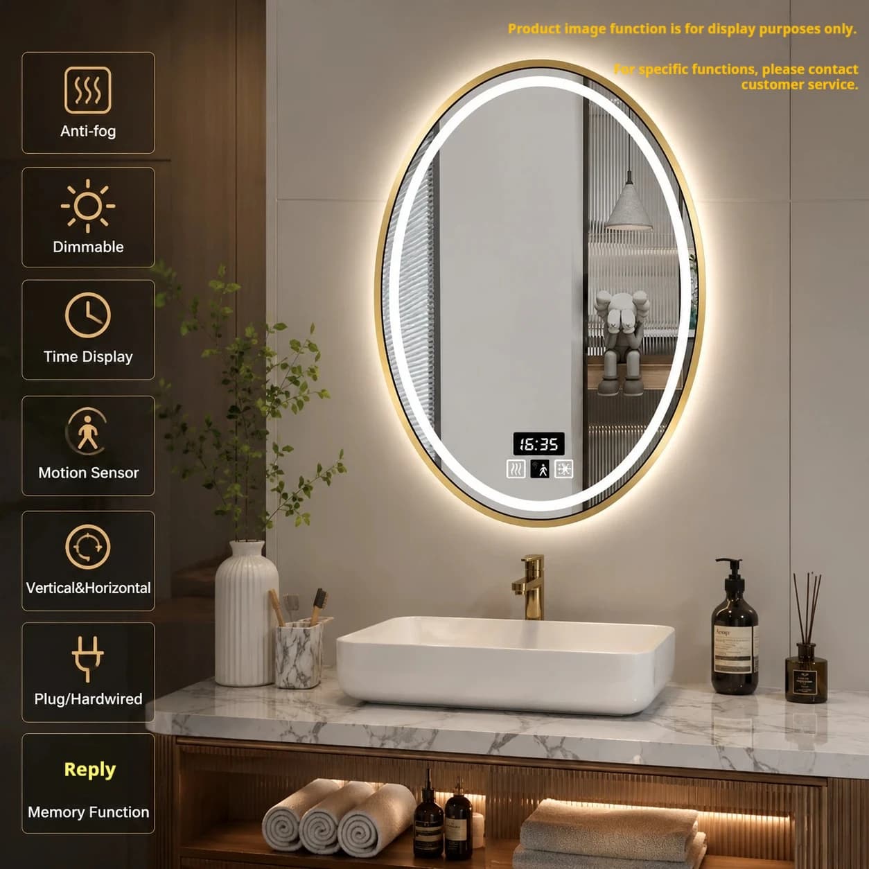 20x28inch Oval LED Bathroom Mirror Black Aluminum Frame Backlit HD Touch Control Vanity Mirror for Home Hotel IP44