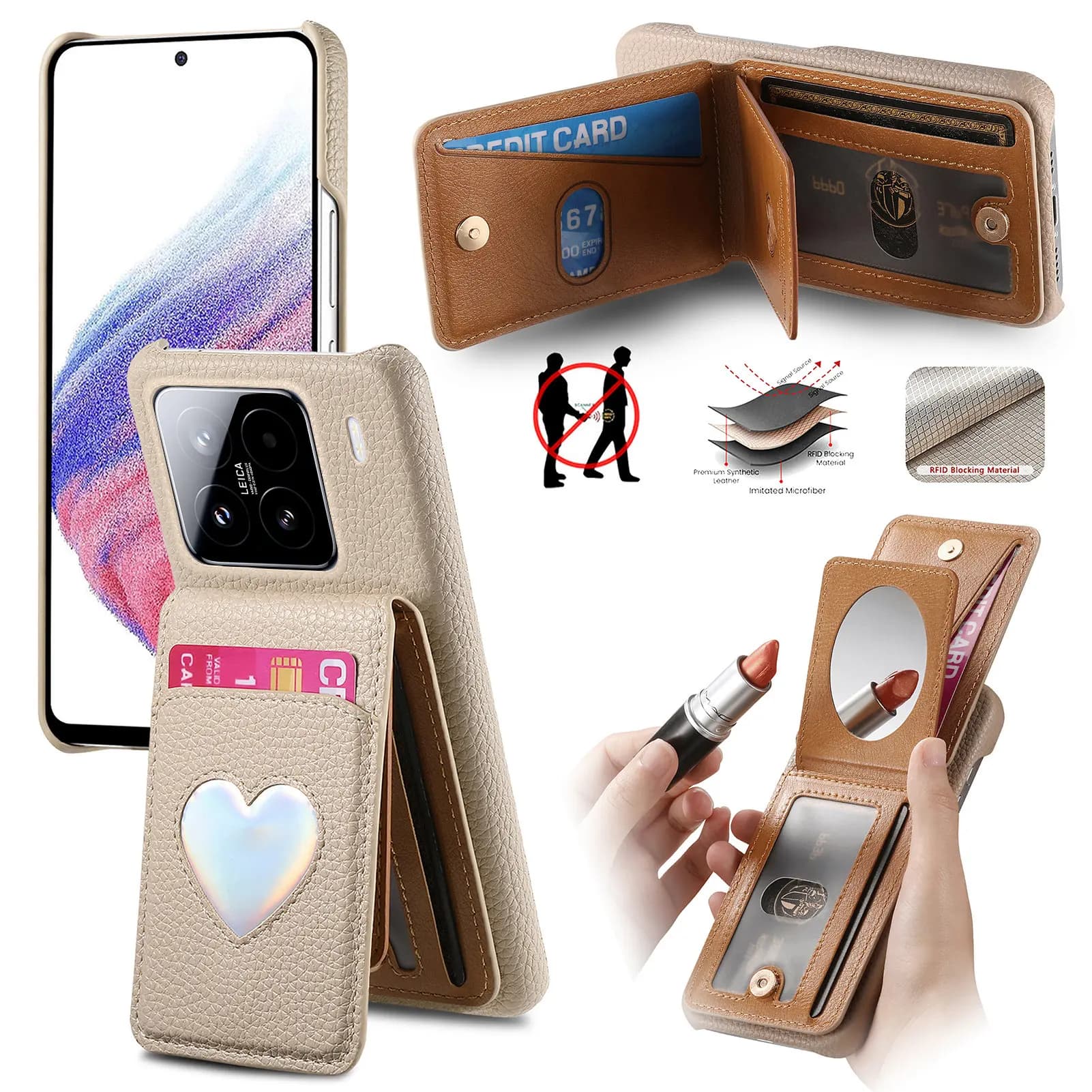 Custodia in pelle a portafoglio con porta carte a specchio per trucco modello Lichee per Xiaomi Redmi Note 14 Pro 4G 14C Cover RFID antiurto