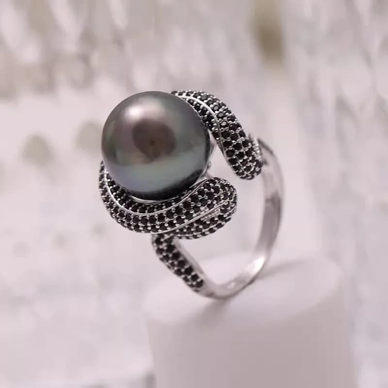 MeiBaPJ 11-12mm Natural Nearround Pearl Fashion Ring Snake Black FAI FROM TE 925 Support Silver Set Bride Jewelry Set For Women
