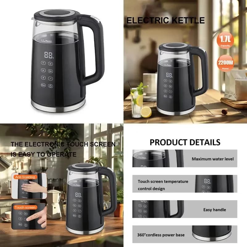 1.7L electric kettle, kettle, smart touch screen temperature adjustment, automatic power failure, glass kettle