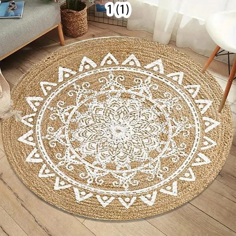 Tappeto rotondo con texture naturale effetto juta, decorazione per la casa in stile boho e rustico, tappeto antiscivolo morbido per il soggiorno.