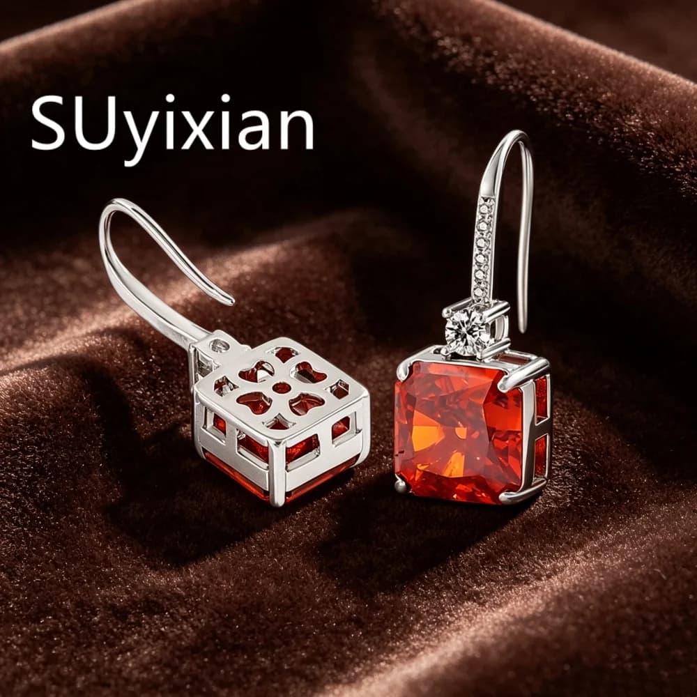 Orecchini a Gancio in Argento Sterling 925 con Zirconi Quadrati Taglio Fiore di Ghiaccio, Regalo per Compleanno, Anniversario, Matrimonio, Gioielli da Donna