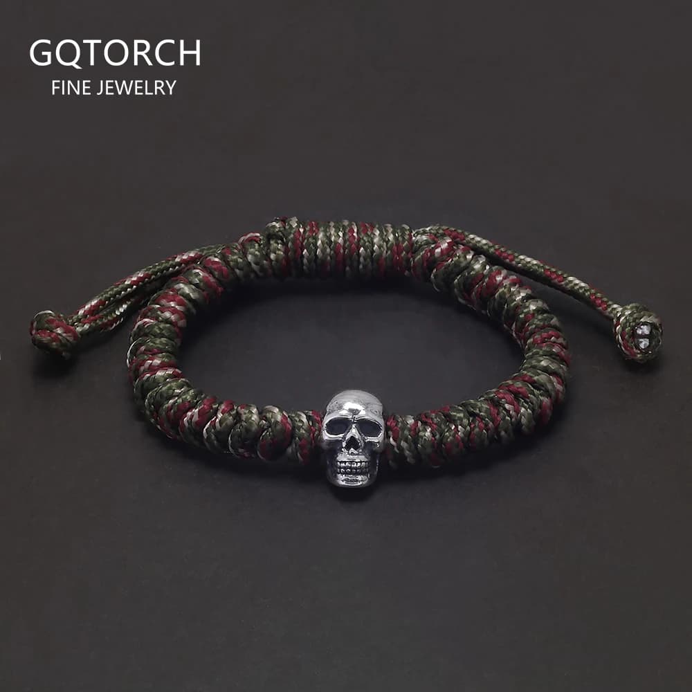 7/8mm Handmade 999 Pure Silver Skull Charm Braided Rope Bracelet Wristband Military Green and Black Color Punk Retro Jewelry