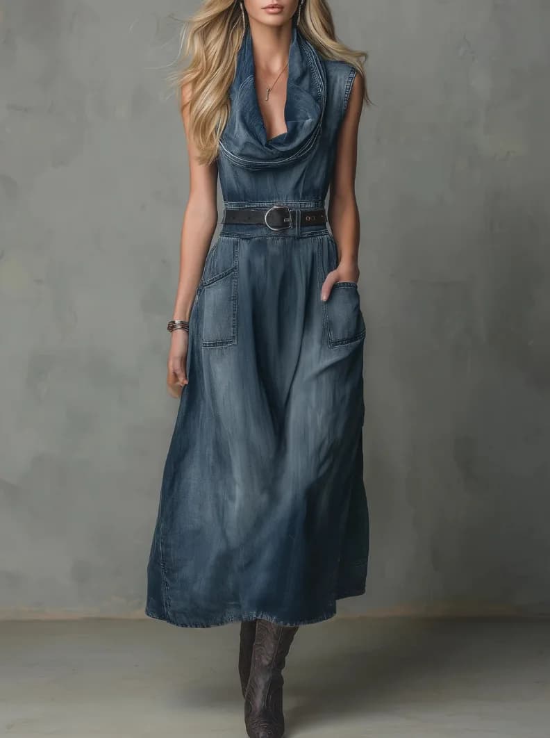 Abito Lungo Vintage in Finto Denim da Donna, Collo a Cappuccio, Senza Maniche, con Cintura in Vita, Tasche, Stile Fluido ed Elegante per Uso Quotidiano