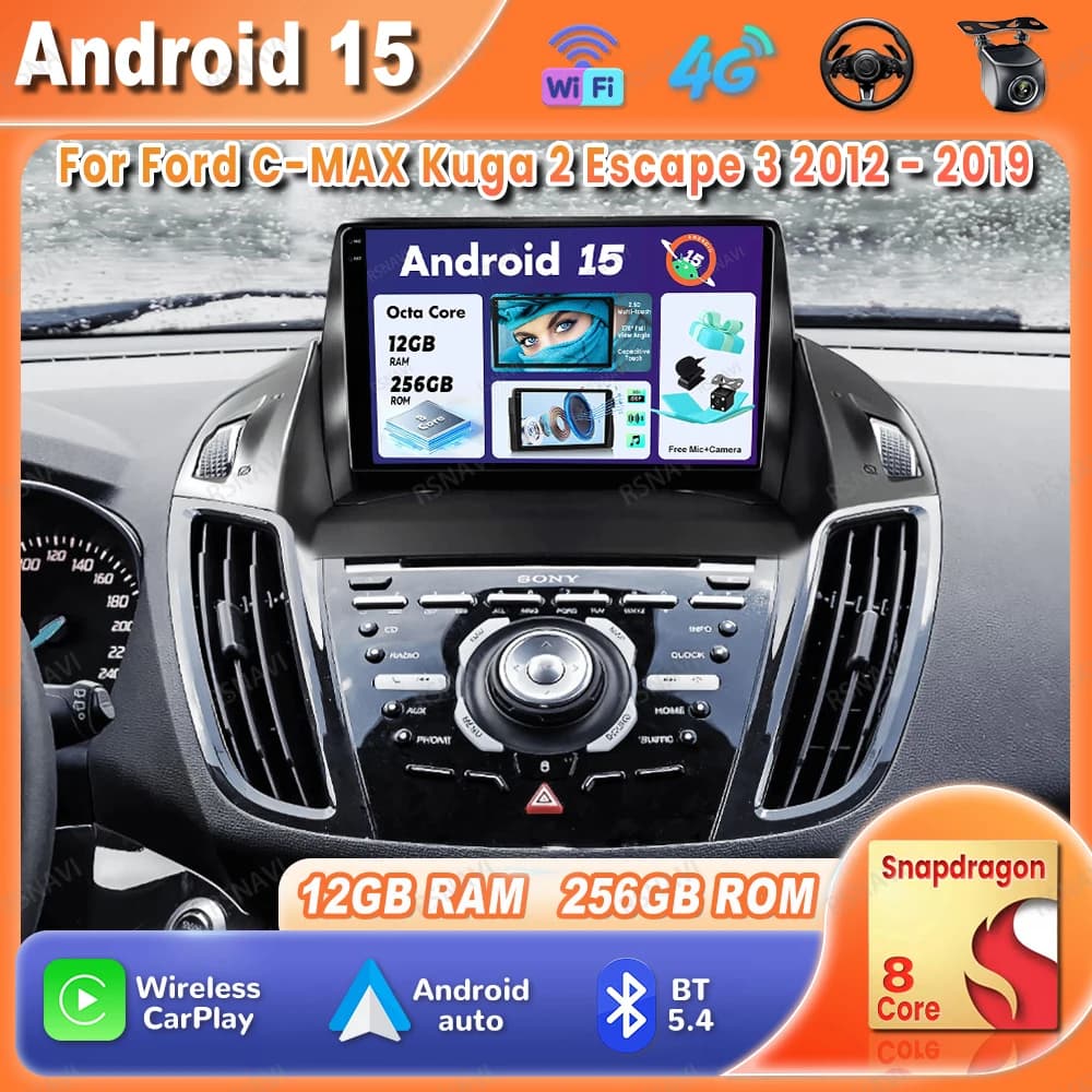 Autoradio Android 15 Per Ford C-MAX Kuga 2 Escape 3 2012 - 2019 DSP Qualcomm 4G LTE BT 5G WIFI Wireless Carplay Auto DVD GPS