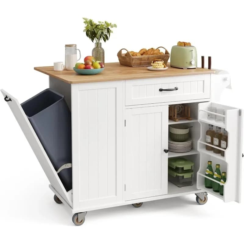 Isola da Cucina Ahomly con Spazio di Archiviazione, 113 cm, con Contenitore per Rifiuti, Piano in Legno di Gomma con Funzione Drop-Leaf, Portacoltelli
