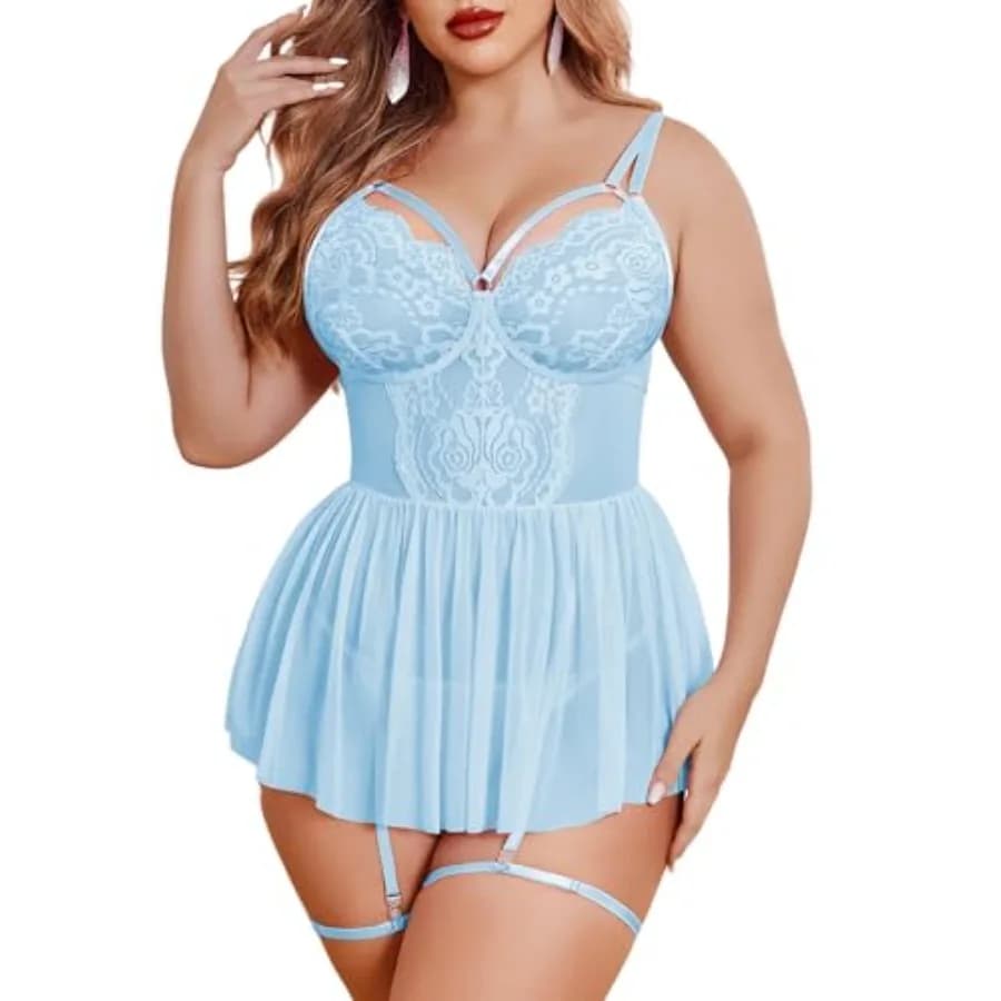 Avidlove Lingerie Plus Size per Donne, Sexy Babydoll in Pizzo, Camicia da Notte in Rete con Reggicalze