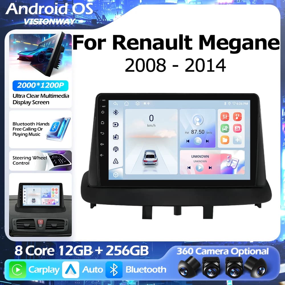 Autoradio Android 16 QLED 2000*1200P 8 Core for Renault Megane 3 2008-2014 with GPS navigator, Multimedia player, CarPlay Wireless, WIFI and 4G