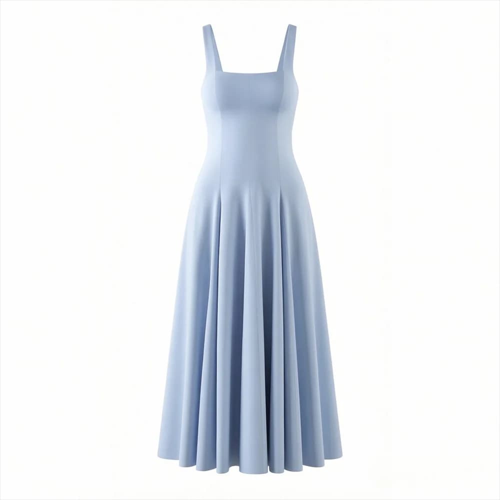 New 2026 women's dress in popeline with square neckline, wavy design and large wheel skirt, sweet French style