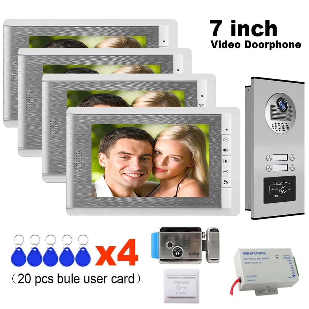 Nuovo videocitofono da 7 pollici campanello citofono + telecamera di controllo accessi RFID per serratura elettrica 3/4 multi/appartamento familiare