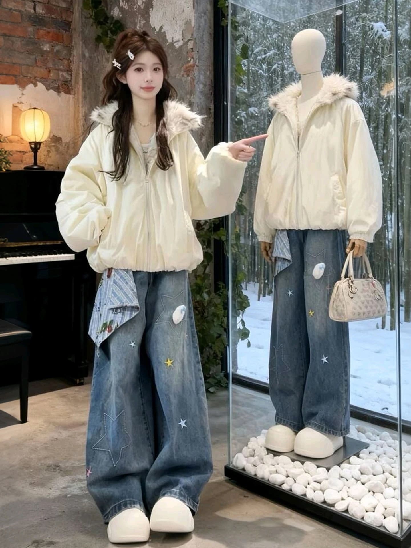 Warm Cotton Jacket And Jeans Set plus Size Women's Fashionable Casual Style Winter Outfit High Waist Trousers Zipper Closure