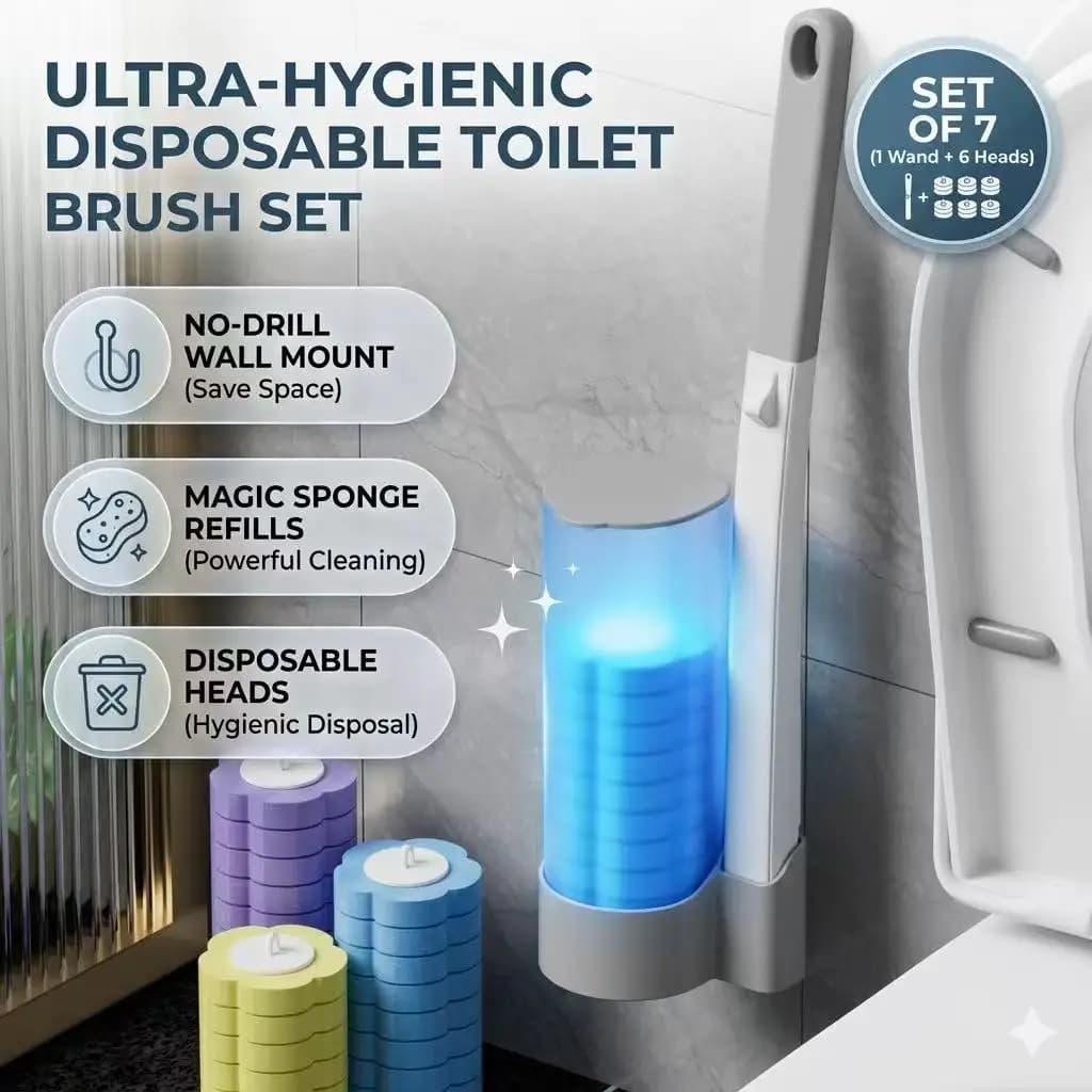 Disposable Toilet Brush Holder Set WC Cleaning Kit Wall Mount Bathroom Wand Handle Magic Sponge Refills Tools 1Wand 6Heads
