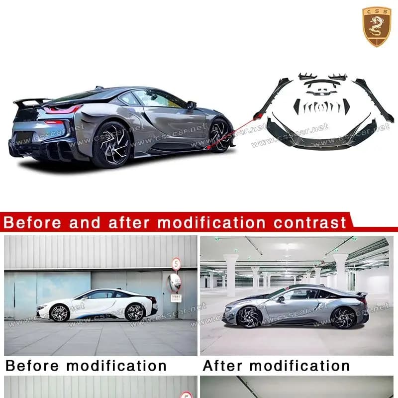Carrozzeria Kit for BMW I8, Upgrade EB Style, Diffuser Carbon Fiber Front, Spoiler, Back Air Grips, Front Finishes, Side Miniskirts, Poster
