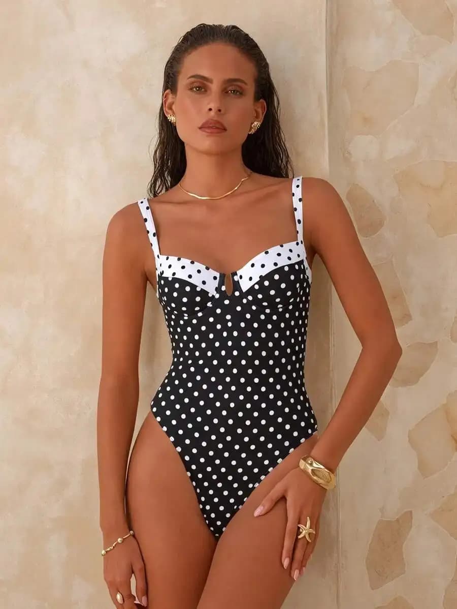 Costume da bagno intero da donna a pois con spalline larghe, senza schienale e con ferretto, per la spiaggia