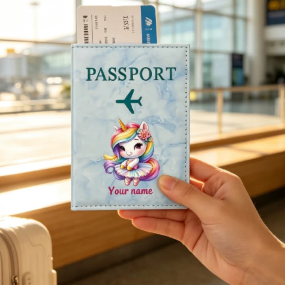 Customized Name PU Passport Holder With Dancing Skirt Unicorn Illustration,Personalized Dreamy Fairy Tale Travel Accessory