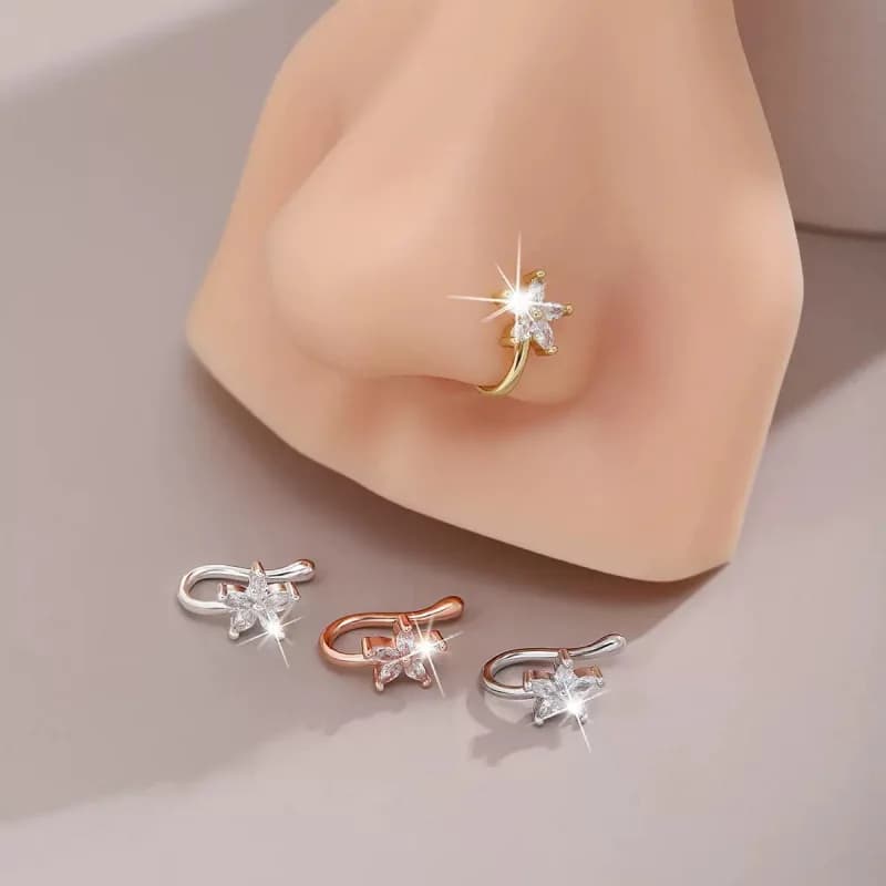 Anello da naso a forma di U alla moda, non piercing, con fiore, stile hip hop semplice, con zirconi cubici intarsiati, finto clip per naso, gioielli per piercing corporeo