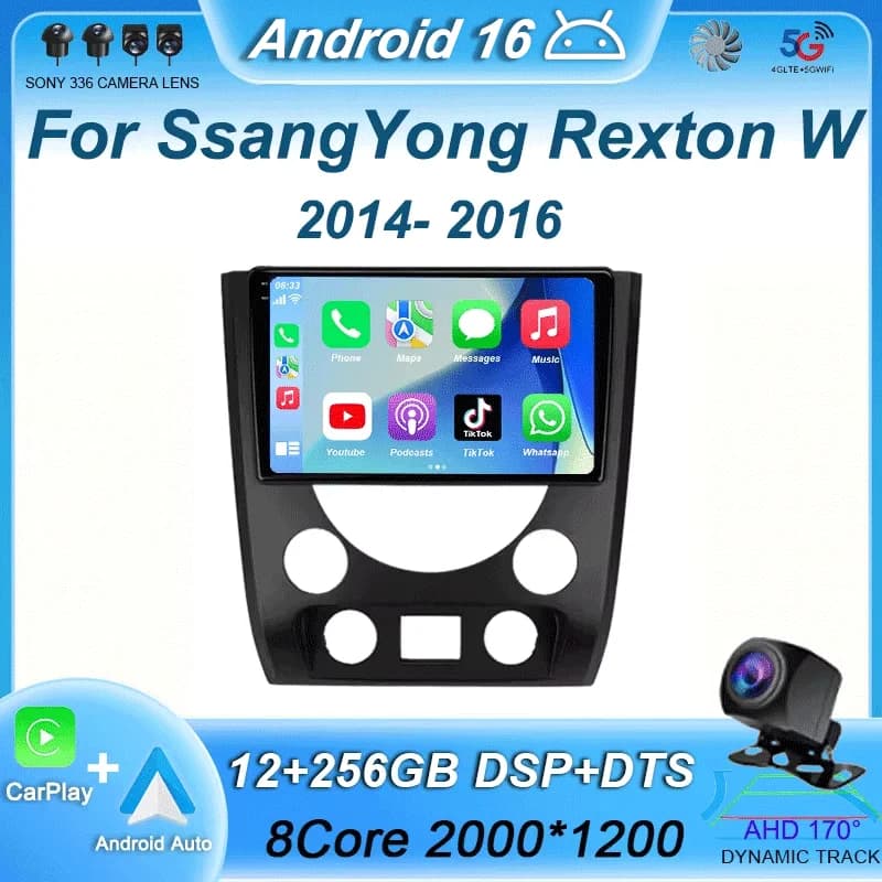 Autoradio Carplay per SsangYong Rexton W 2014 2015 2016 Android 16 Lettore Multimediale a Cassetta GPS Navigazione Stereo NO 2DIN