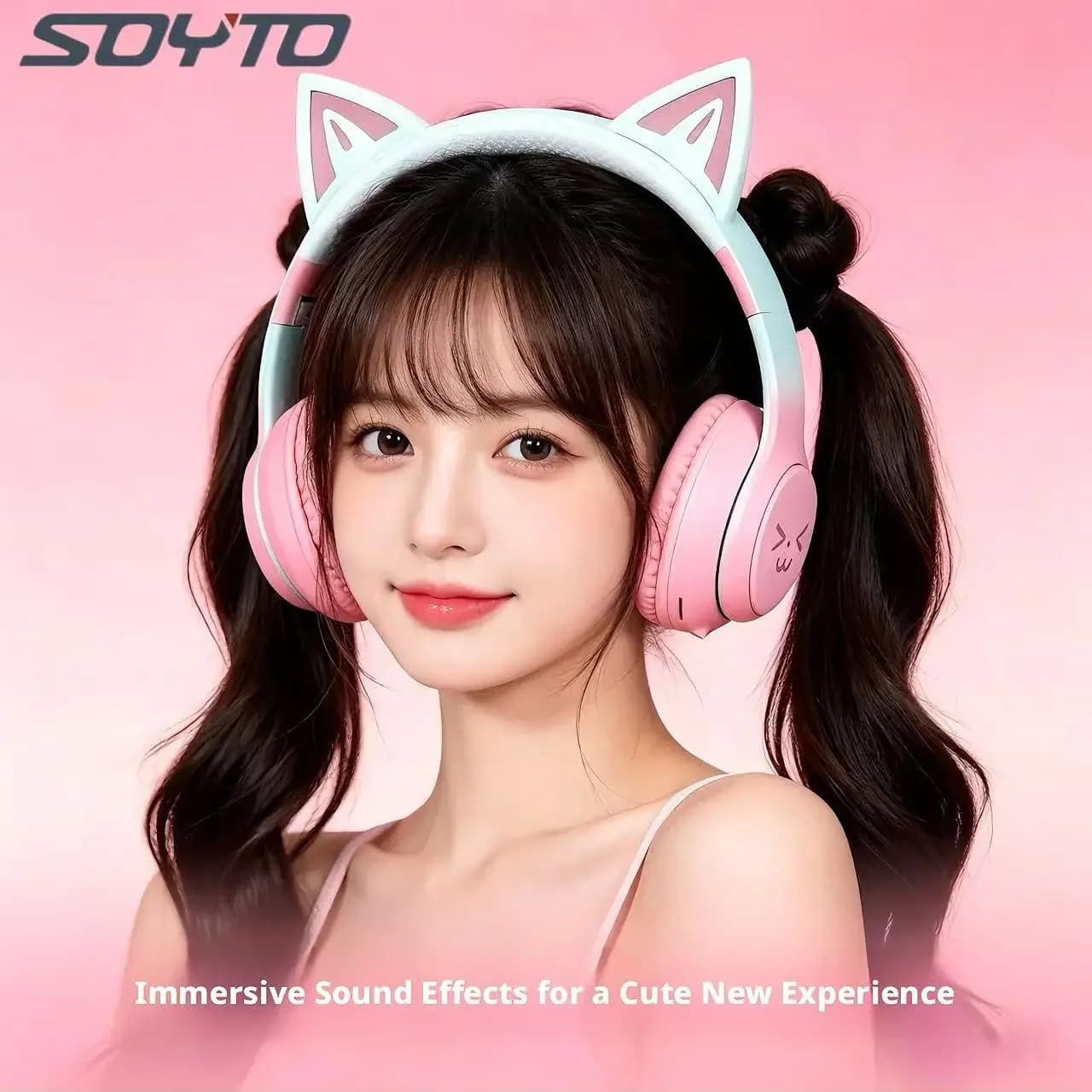 SOYTO Cuffie Wireless con Orecchie di Gatto Sfumate, Bluetooth 5.1, Cuffie da Gaming Rosa Carine con Riduzione del Rumore, Auricolari Over-Ear per Computer