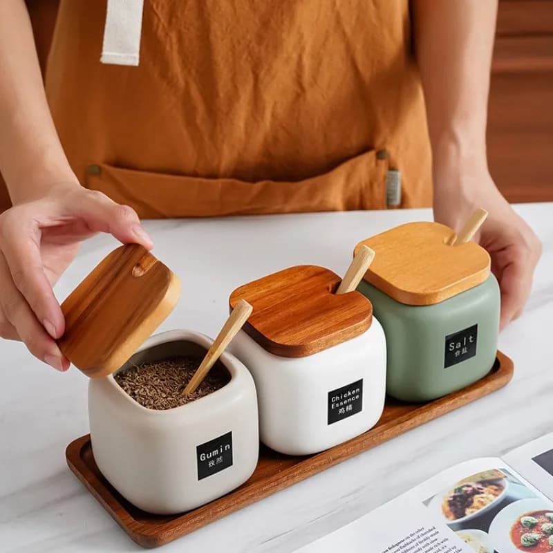 Set di barattoli di spezie in ceramica smerigliata da cucina in stile giapponese, scatola di condimento semplice e creativa, set da 3 pezzi, saliere, zucchero e pepe