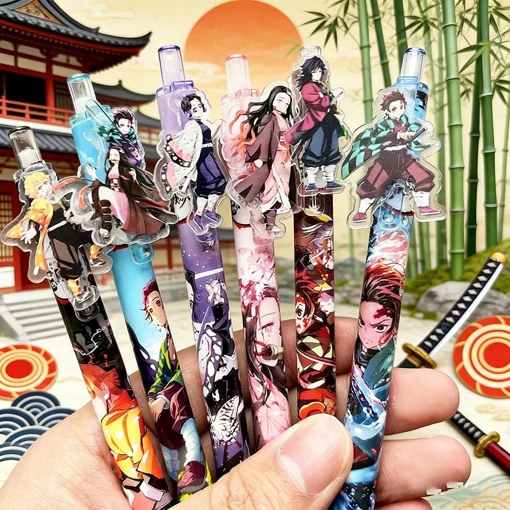 Set di 6 Penne Gel Nere Kawaii da 0,5mm, Tema Demon Slayer, Cartoni Animati Carini, Forniture per Scuola e Ufficio, Regali