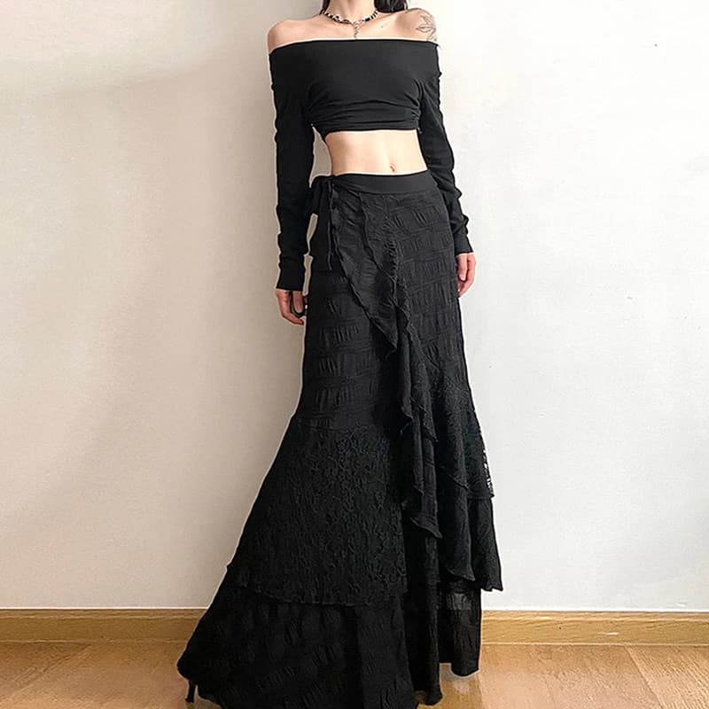 Y2K Gonna lunga nera Donna Harajuku Gotico Pizzo Asimmetrico Maxi Gonne Estate Coreano Ruffles Patchwork Fasciatura Design Faldas