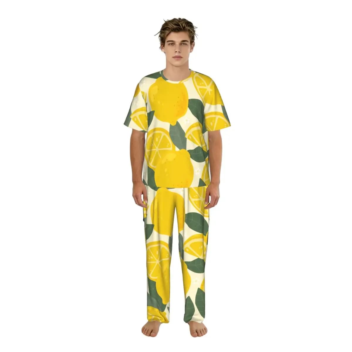 Pigiama Casual da Uomo, Set con Maniche Corte e Pantaloni, Abbigliamento da Notte Maschile con Motivi di Frutta e Limoni, Vestiti per Casa