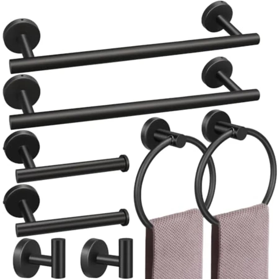 Set di 8 Pezzi per Bagno: Include 2 Portasciugamani da 60 cm, 2 Ganci per Asciugamani, 2 Anelli Portasciugamani, 2 Portarotolo Carta Igienica - B
