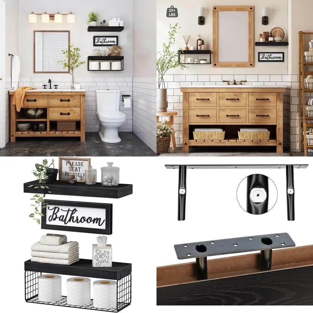 Set di scaffali portaoggetti da parete sopra WC, 2+1 neri, 16 pollici per l'arredamento del bagno e il portarotolo