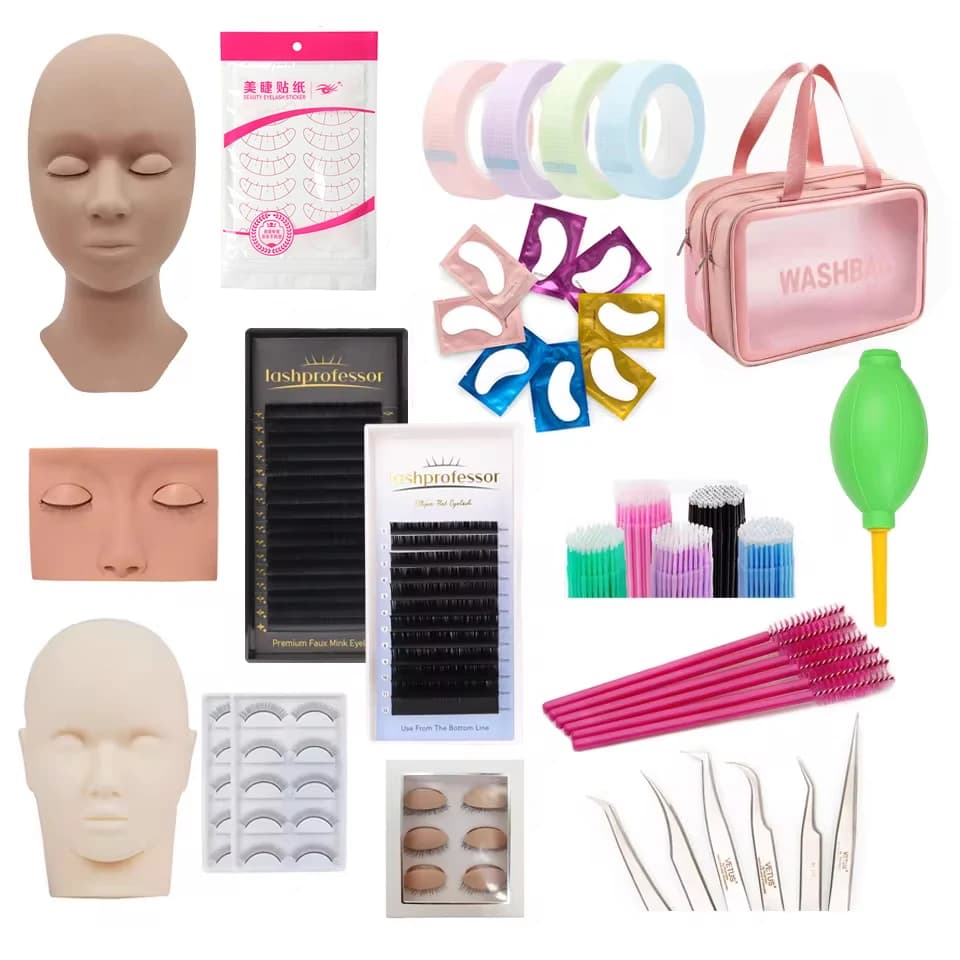 Set di estensione ciglia Testa di manichino Spazzola per ciglia Pinzetta Colla Cuscinetto per occhi Kit di allenamento per estensione ciglia Accessori per ciglia Strumento per il trucco