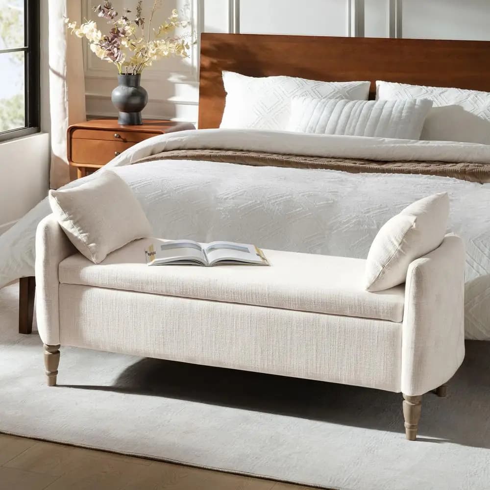 Panca contenitore per camera da letto con cuscini decorativi, panca ottomana grande da 59 pollici con struttura in legno massello, comodo poggiapiedi imbottito