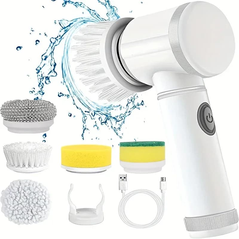 Wireless electric rotary washbasins with 5 replaceable heads, rechargeable brush for cleaning bathroom and kitchen tiles