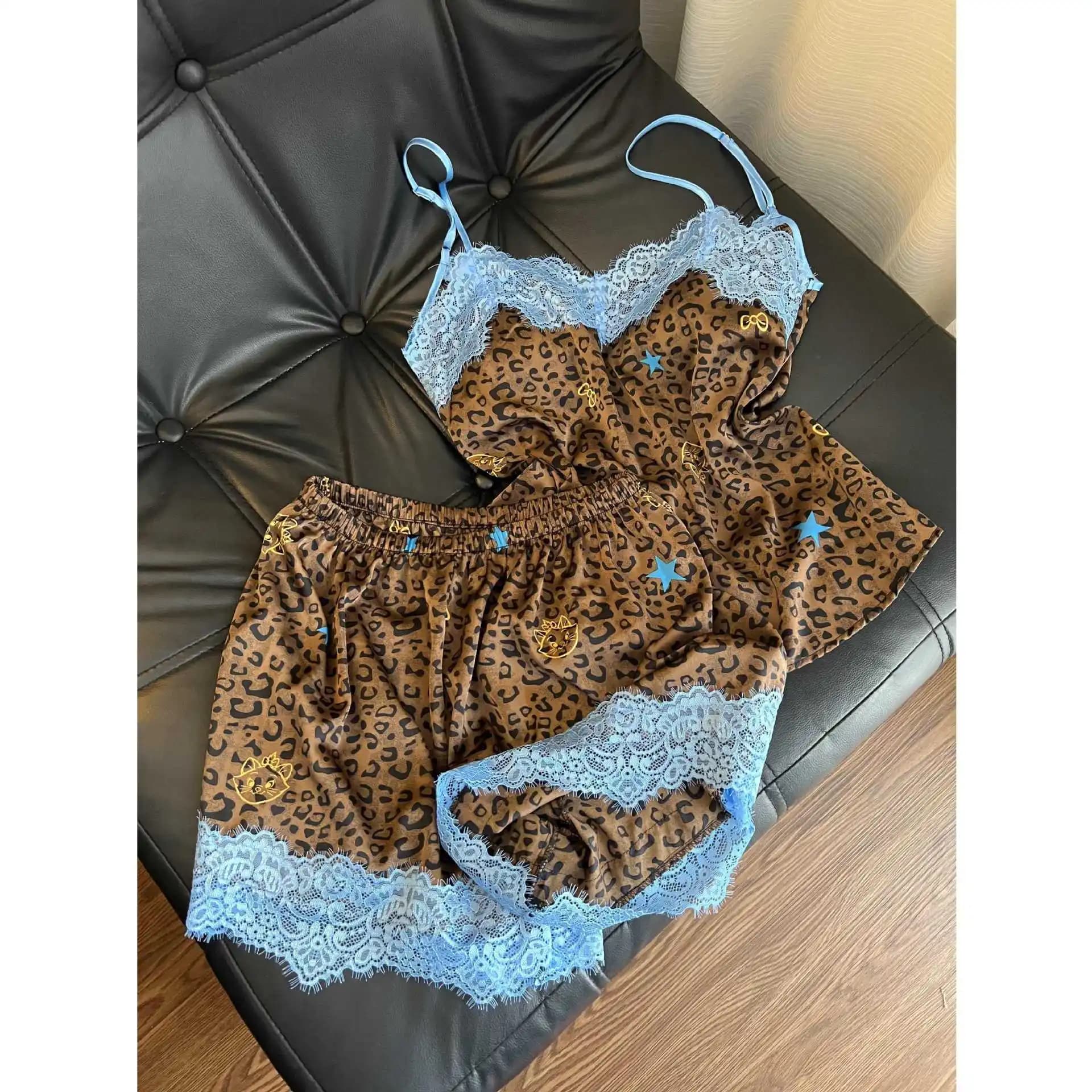 Somenie American Spice Girl Leopard Lace Splicing Ice Ribbon Chest Pad Pajamas Women's Summer Suspender Shorts