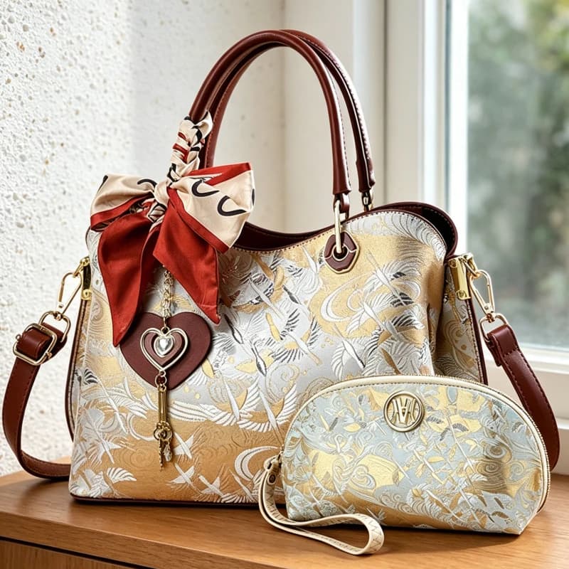 Light Luxury Chinese Style Women's Handbag, 2-Piece Women's Bag Set with Crane Pattern, High-End Designer Brand Women's Bags
